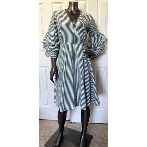 Calvin Klein Women's 4 Striped Bell Sleeve Cotton Wrap Dress Pockets Green White - Picture 1 of 12